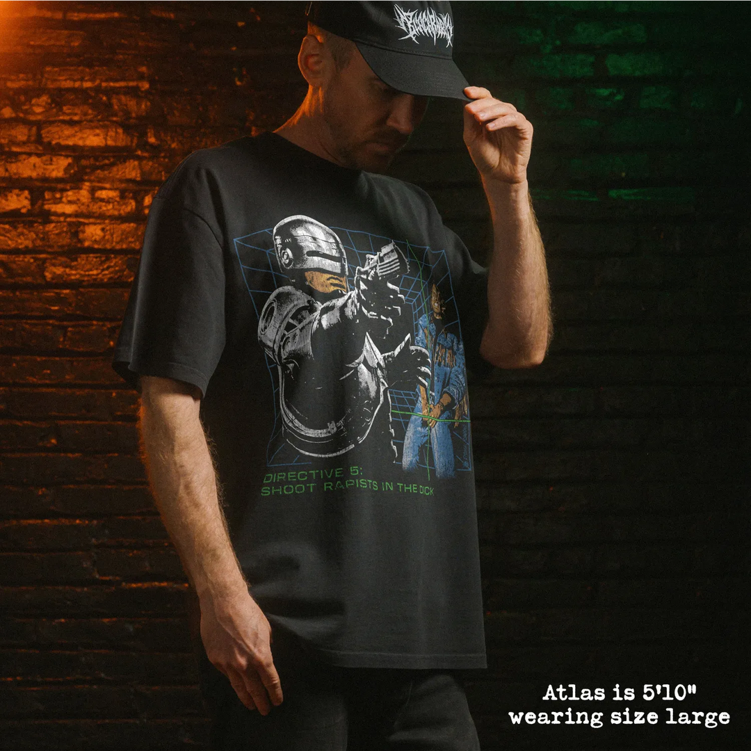 Model wearing heavy tee with dick shot graphic 