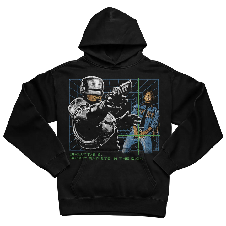 Black robocop hoodie with metallic silver design and text.