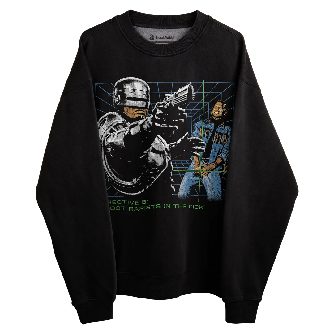 Black long-sleeved sweatshirt with robocop graphic and slogan.