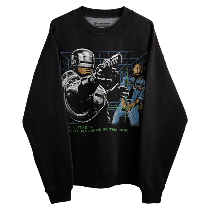 Black long-sleeved sweatshirt with robocop graphic and slogan.