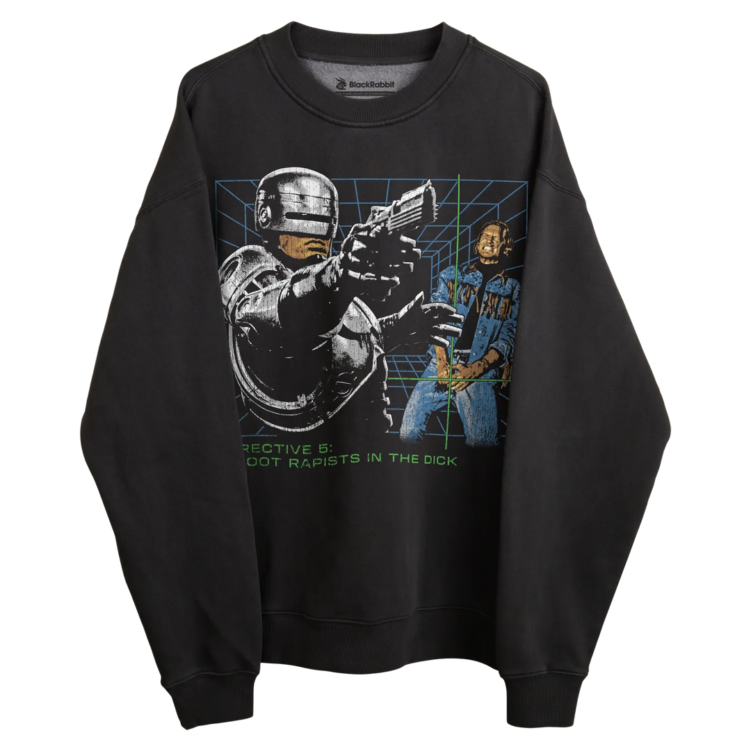 Black long-sleeved sweatshirt with robocop graphic and text design.