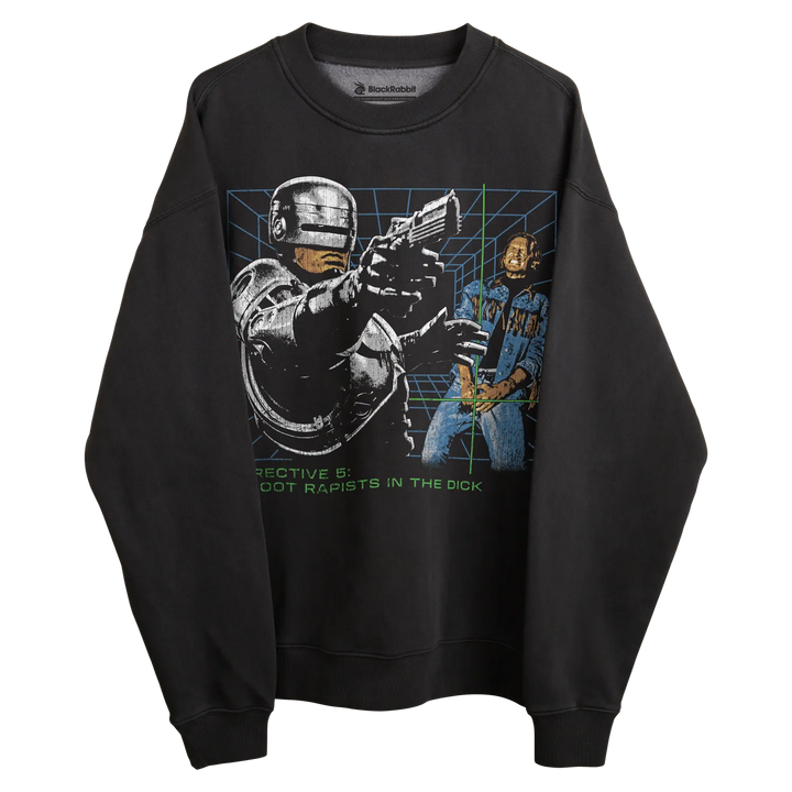 Black long-sleeved sweatshirt with robocop graphic and text design.