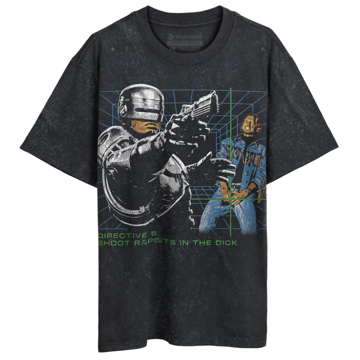Distressed black short-sleeve graphic t-shirt.