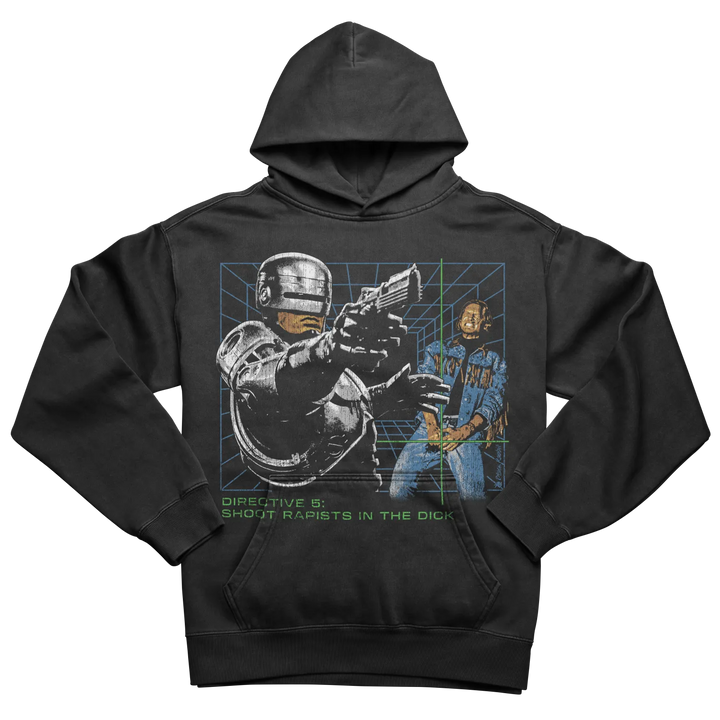 Black graphic hoodie with a print of Robocop and a man.