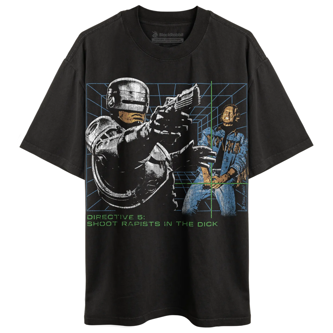 Black graphic t-shirt with short sleeves.