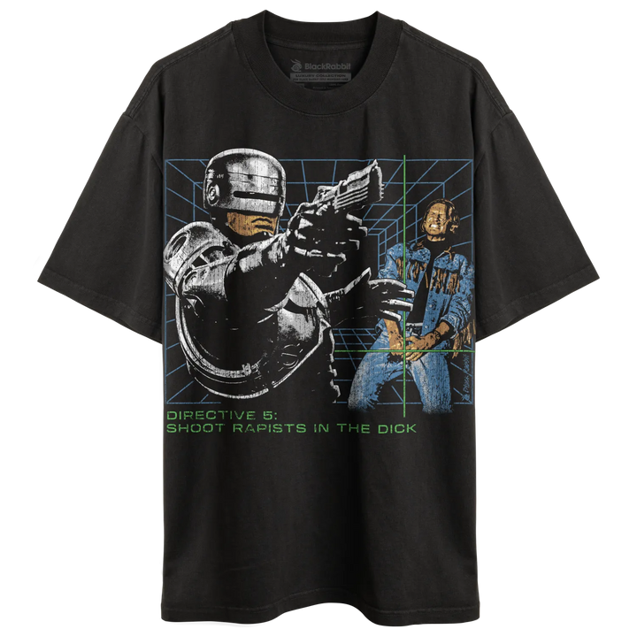 Black graphic t-shirt with short sleeves.