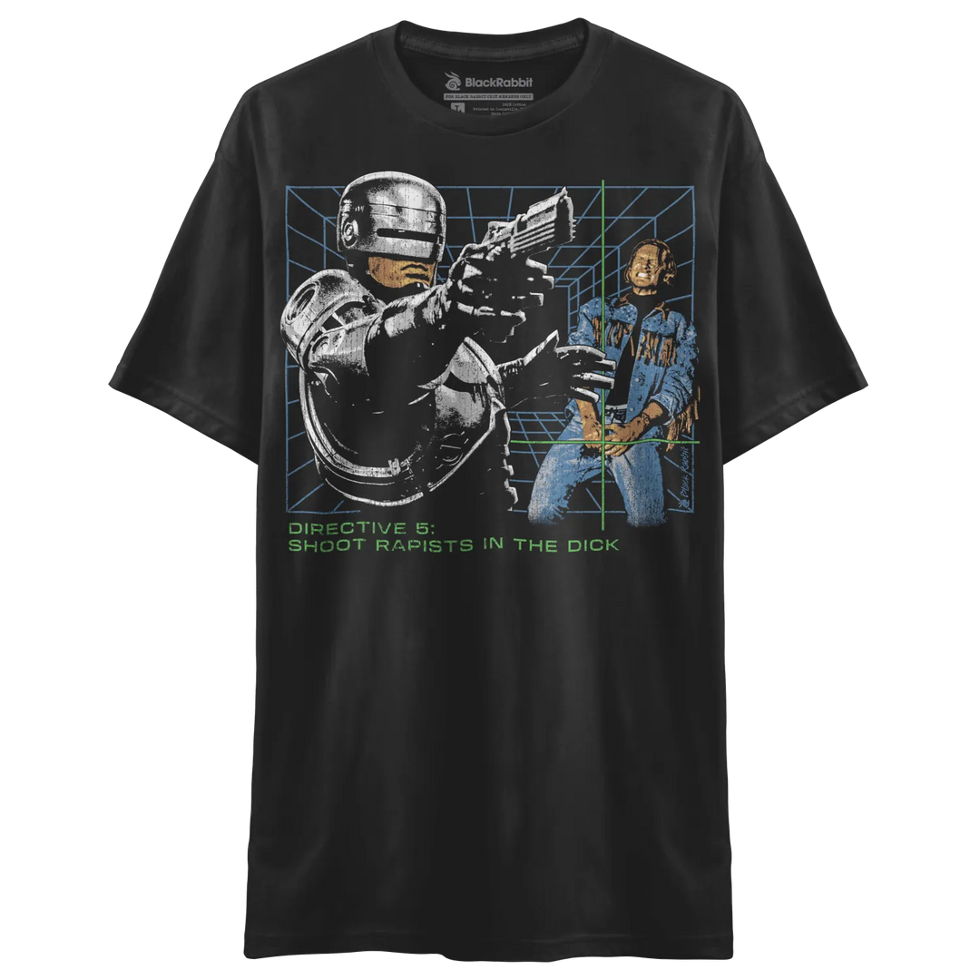 Black short-sleeved t-shirt with a graphic print of Robocop and another man in a grid pattern.