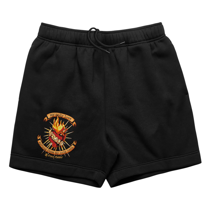 Black fleece sweat shorts featuring a vibrant embroidered flaming heart with text my only love from romeo + juliet 1996