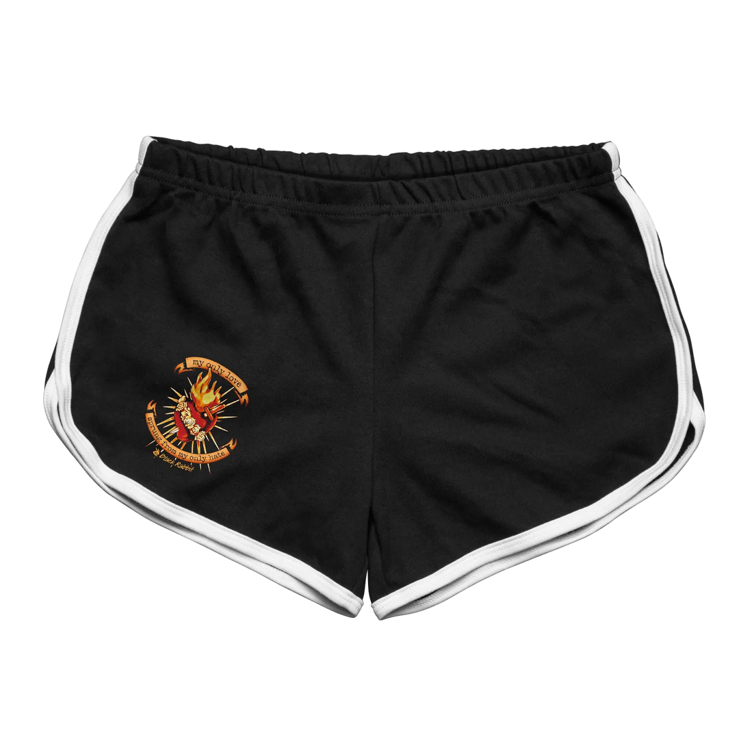 Black rabbit retro sport shorts with white side stripes embroidered emblem and elastic waistband for women