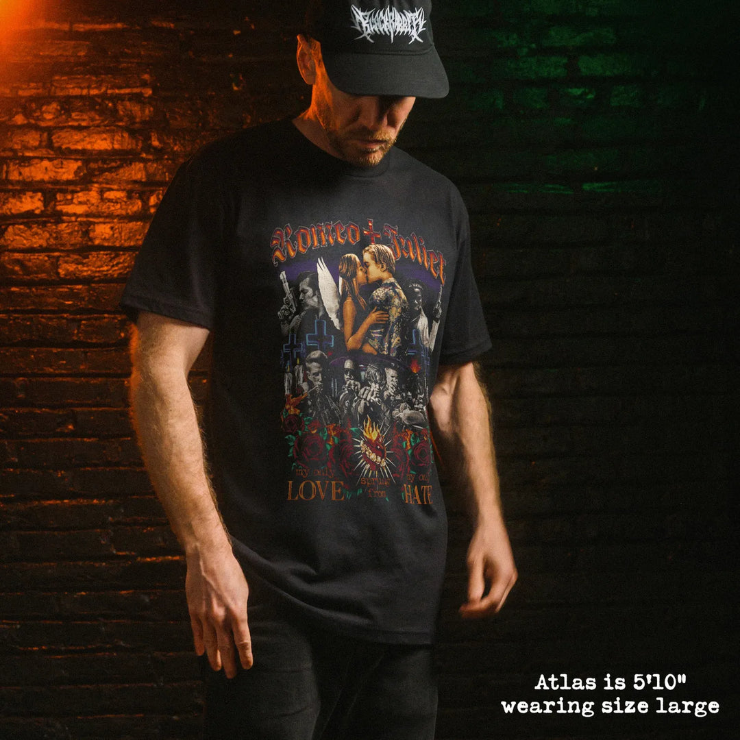 Male model wear soft premium tee with romeo + juliet graphic
