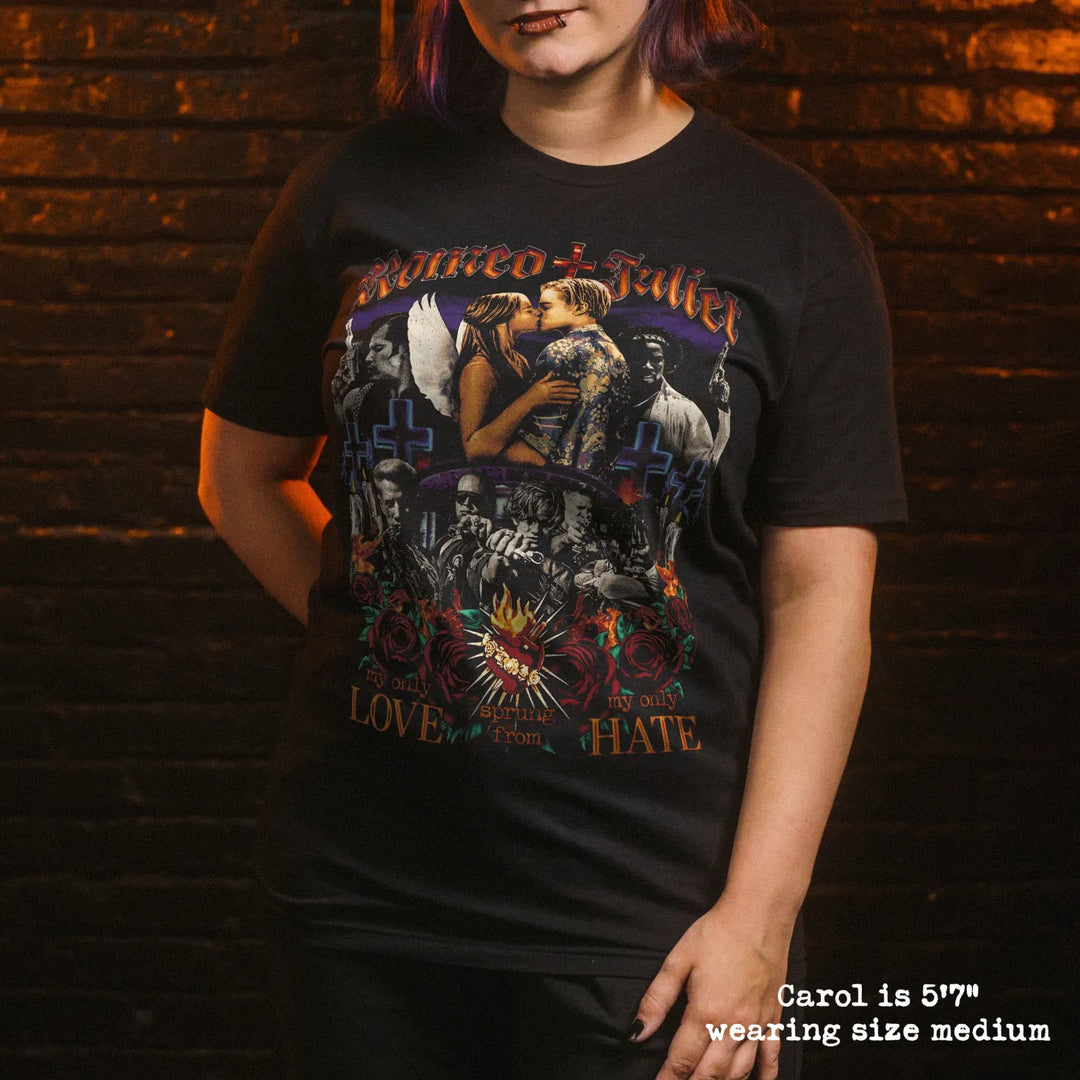 model wear soft premium tee with romeo + juliet graphic
