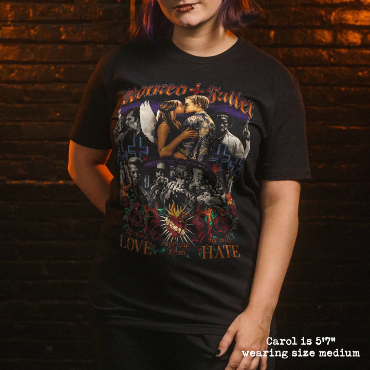 model wear soft premium tee with romeo + juliet graphic
