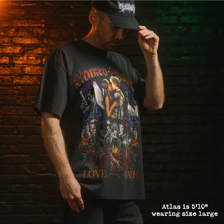 Model wearing heavy tee with romeo + juliet graphic 