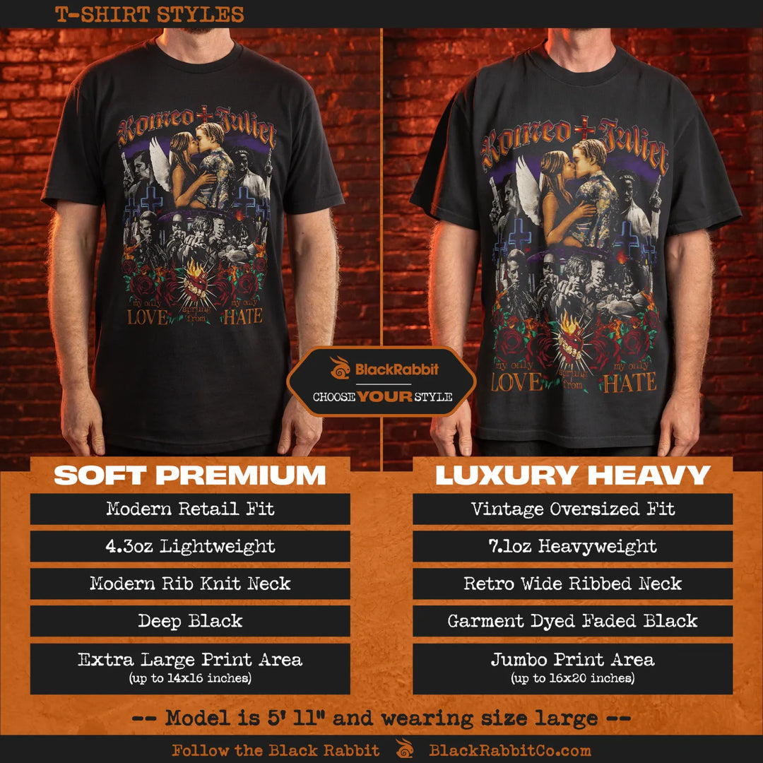 Comparison of two black t-shirt styles with a ’Romeo + Juliet’ graphic.
