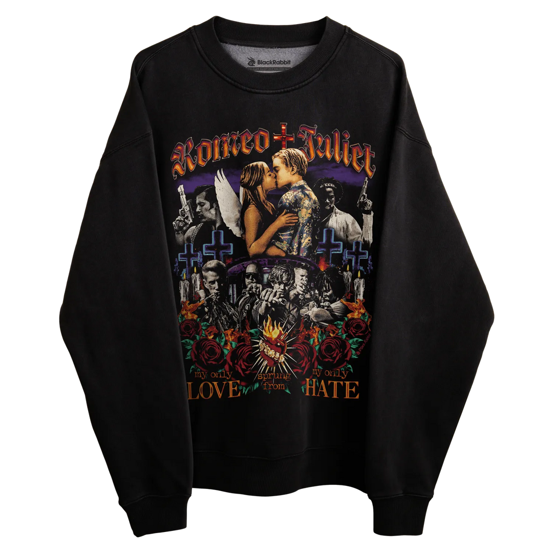 Black sweatshirt with graphic design of a couple kissing surrounded by crosses and roses, featuring the band name ’stoney + juliet’ in white text.