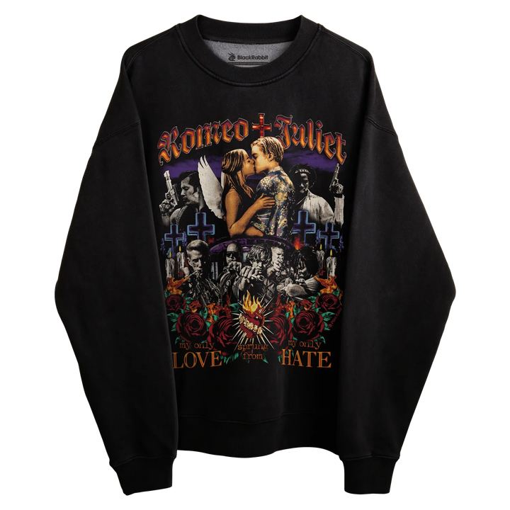 Black sweatshirt with graphic design of a couple kissing surrounded by crosses and roses, featuring the band name ’stoney + juliet’ in white text.