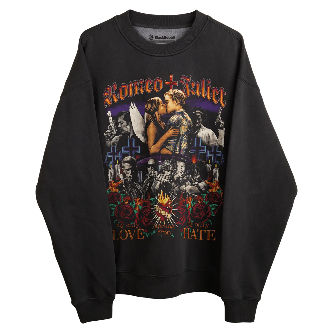 Stoned + juliet sweatshirt with a kissing couple design, black background and red accents.