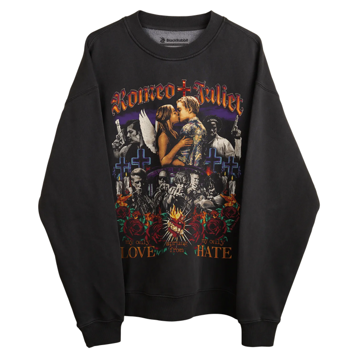 Stoned + juliet sweatshirt with a kissing couple design, black background and red accents.