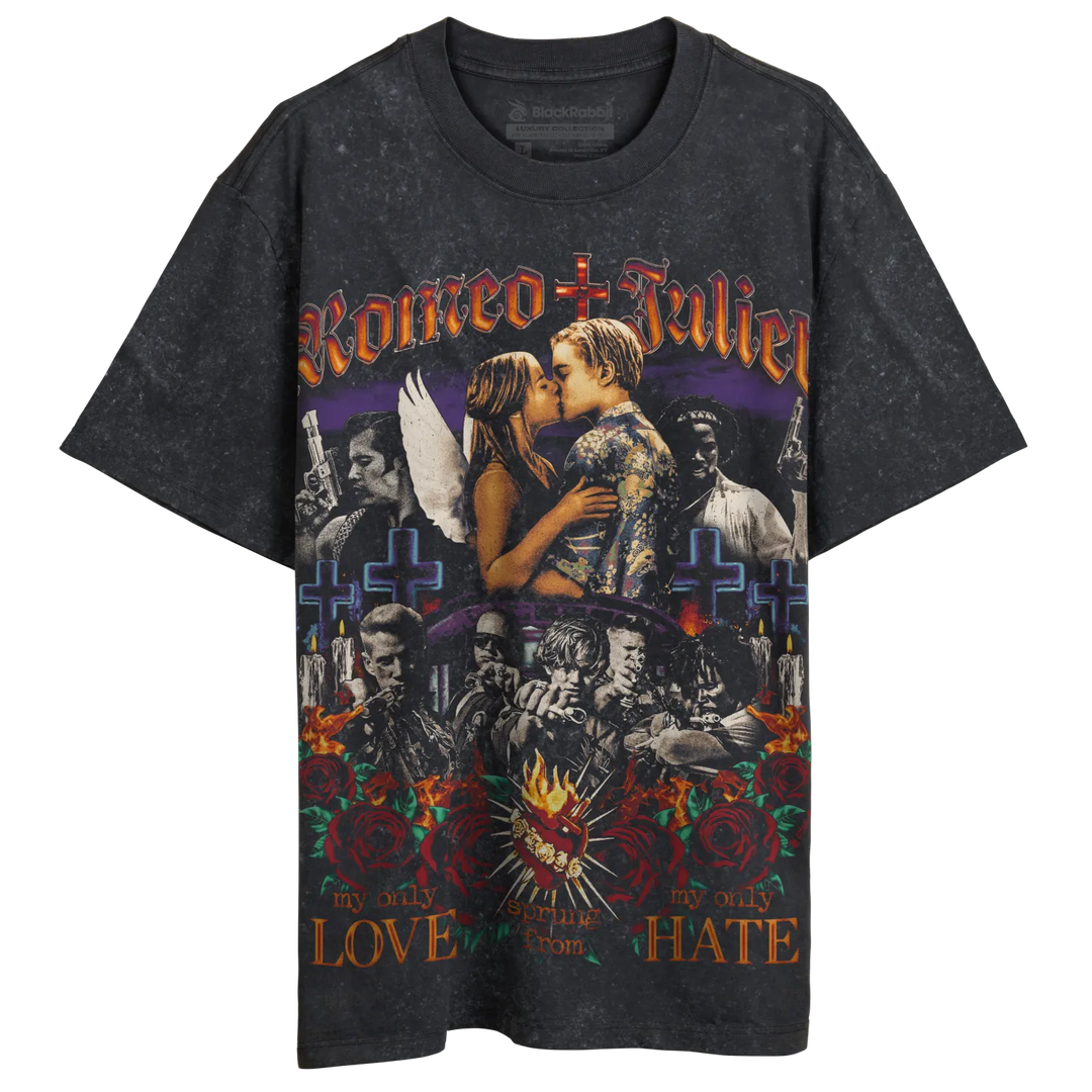 A dark, distressed t-shirt featuring a vibrant graphic print of ’Romeo + Juliet’ film imagery, including the main characters kissing, surrounded by religious and gothic motifs, red roses, and the words ’LOVE’ and ’HATE.’