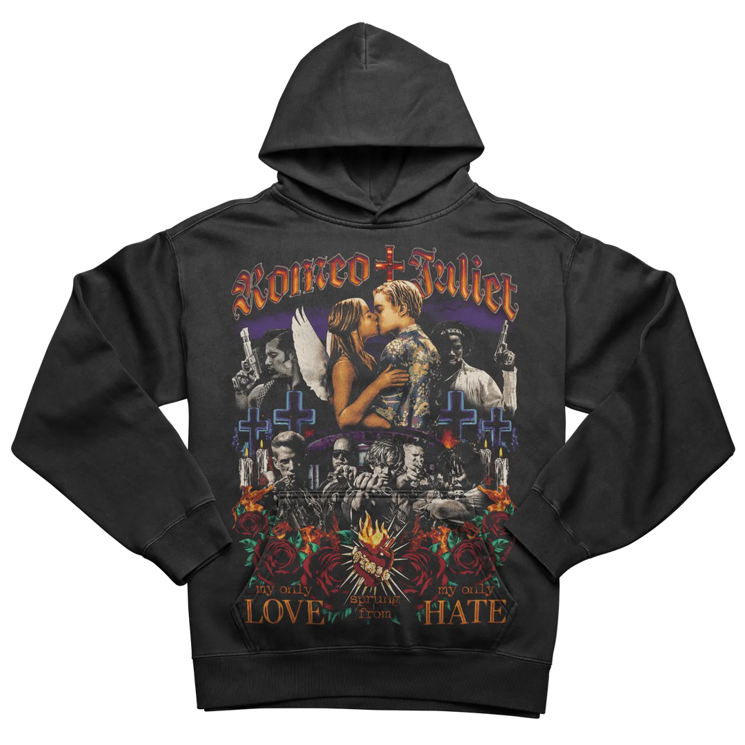 Black hooded sweatshirt with a colorful graphic print inspired by ’Romeo + Juliet’.
