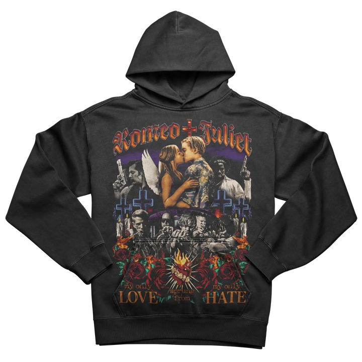 Black hooded sweatshirt with a colorful graphic print inspired by ’Romeo + Juliet’.
