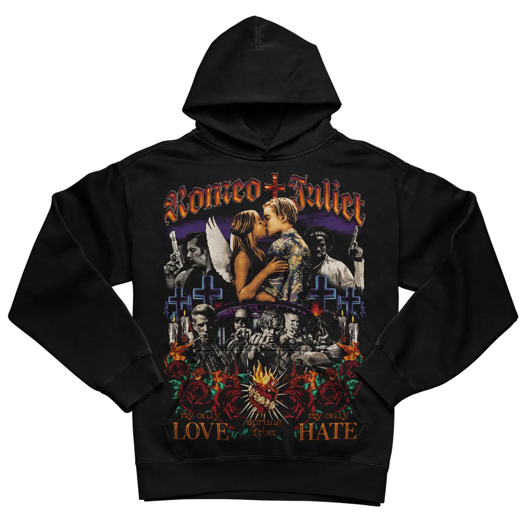 Black hoodie with romeo and juliet design featuring a couple kissing, roses, and the words ’love’ and ’hate.’
