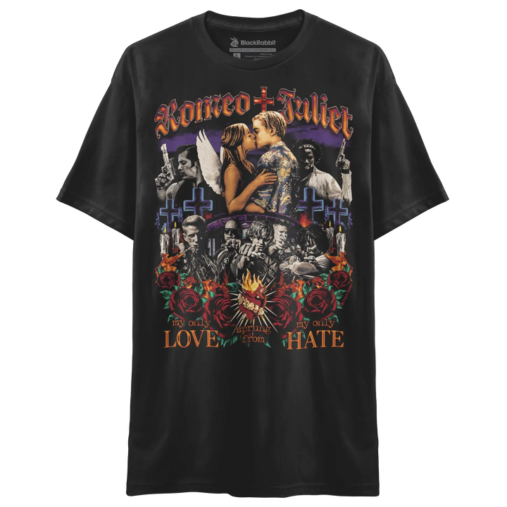 Black short-sleeve t-shirt with a colorful graphic print.