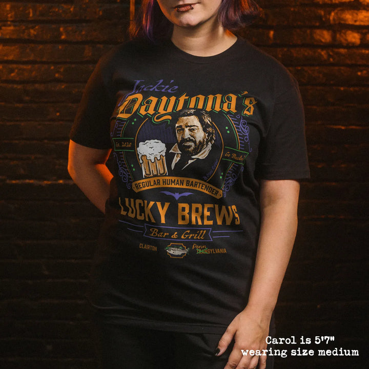 model wear soft premium tee with Jackie Daytona graphic
