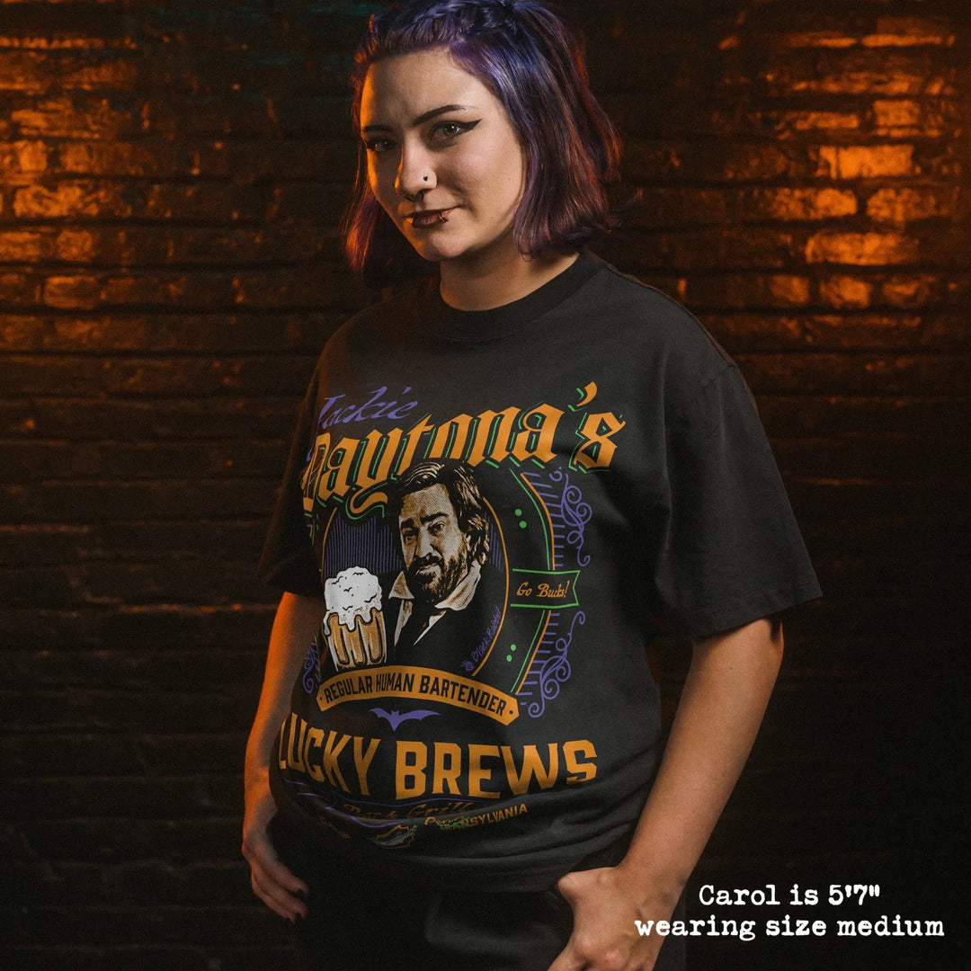 Model wearing heavy tee with jackie daytona graphic 