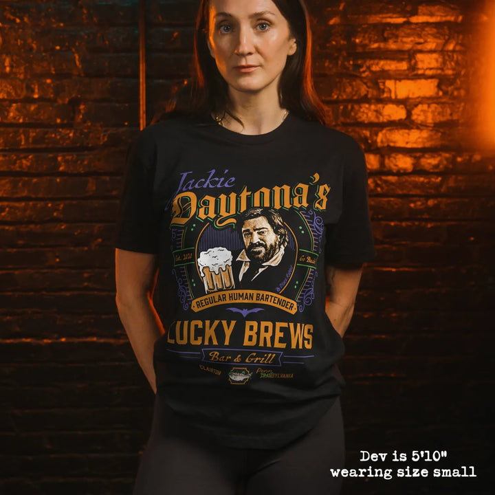 model wear soft premium tee with Jackie Daytona graphic
