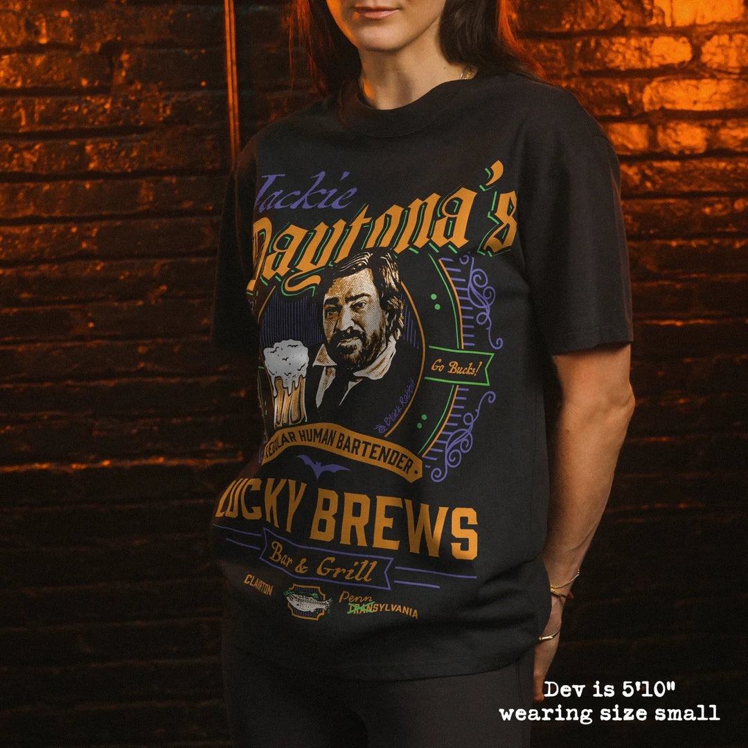 Model wearing heavy tee with jackie daytona graphic 