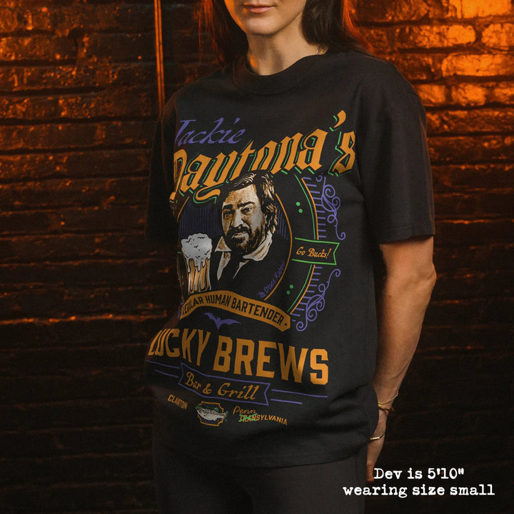 Model wearing heavy tee with jackie daytona graphic 