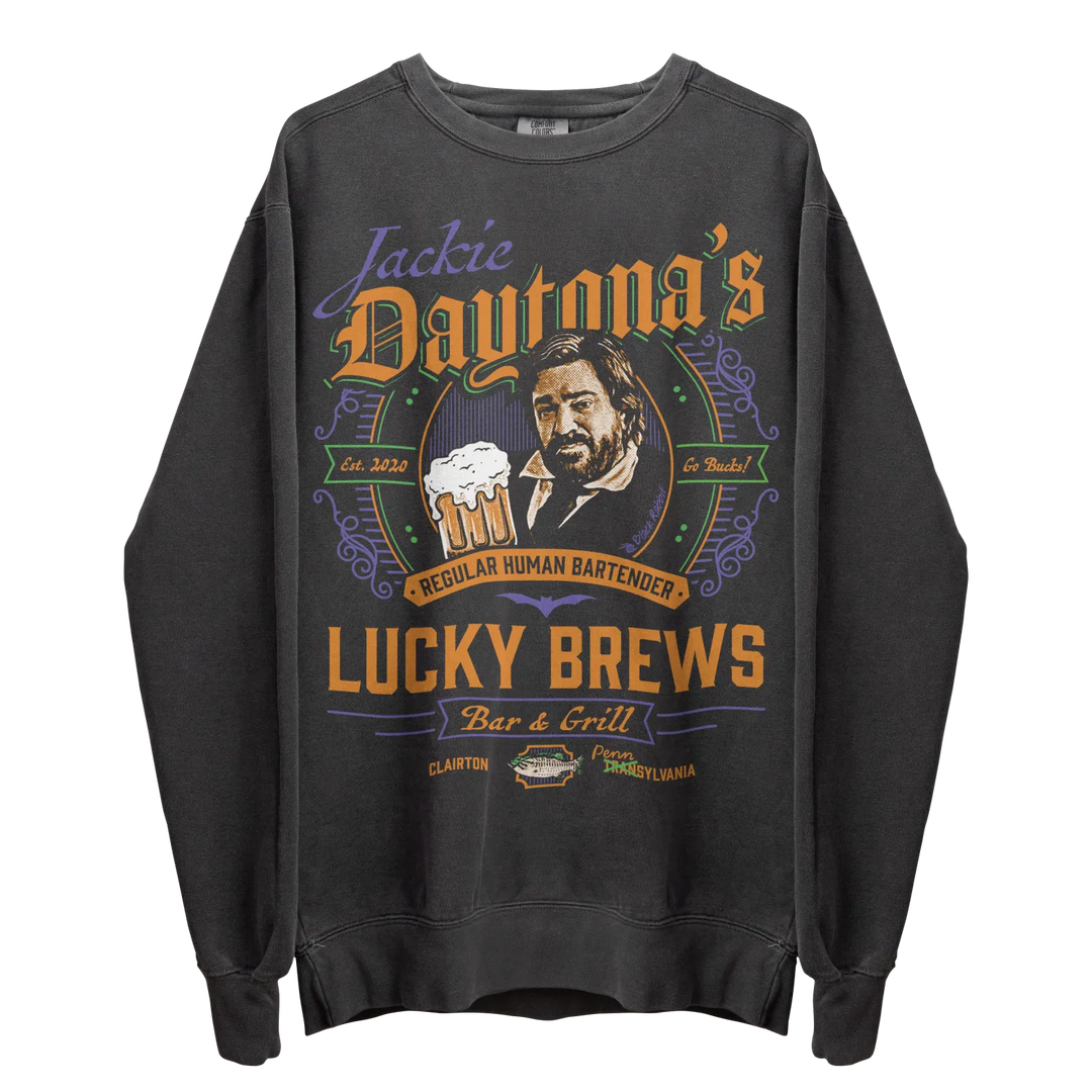 Dark gray long-sleeve crewneck sweatshirt with a colorful graphic design featuring a bearded man holding a beer mug.