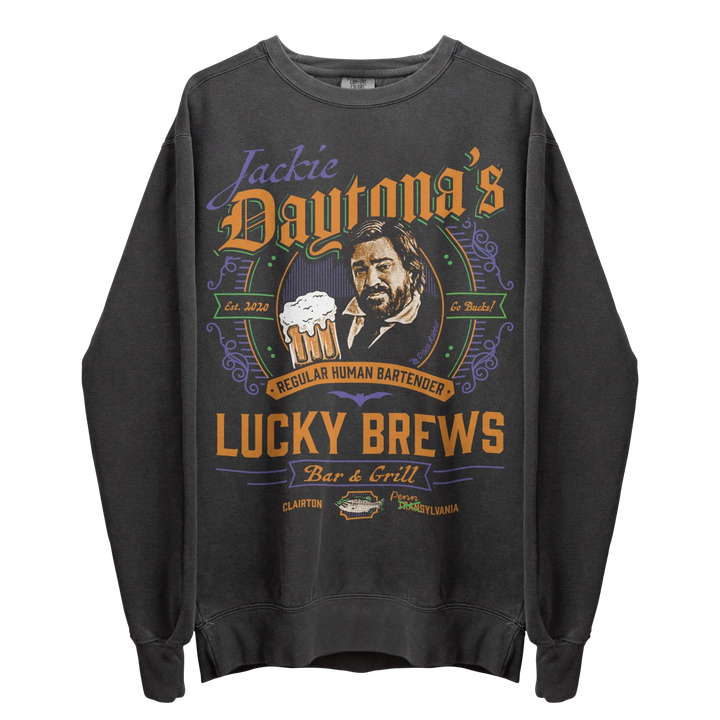 Dark gray long-sleeve crewneck sweatshirt with a colorful graphic design featuring a bearded man holding a beer mug.