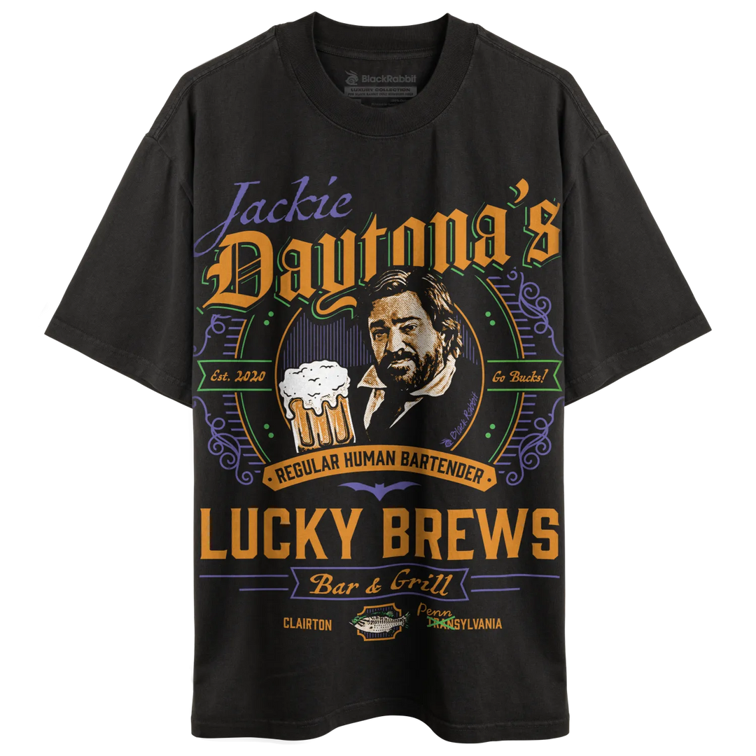 Dark gray graphic t-shirt with a vintage-style design.