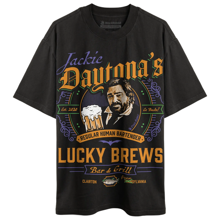 Dark gray graphic t-shirt with a vintage-style design.