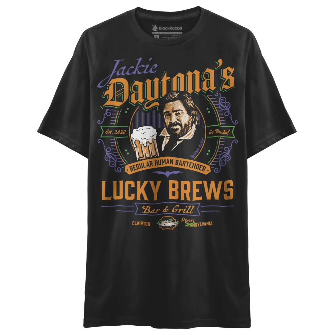 A black short-sleeved graphic t-shirt with a detailed bar and grill design featuring a bearded man holding a beer.