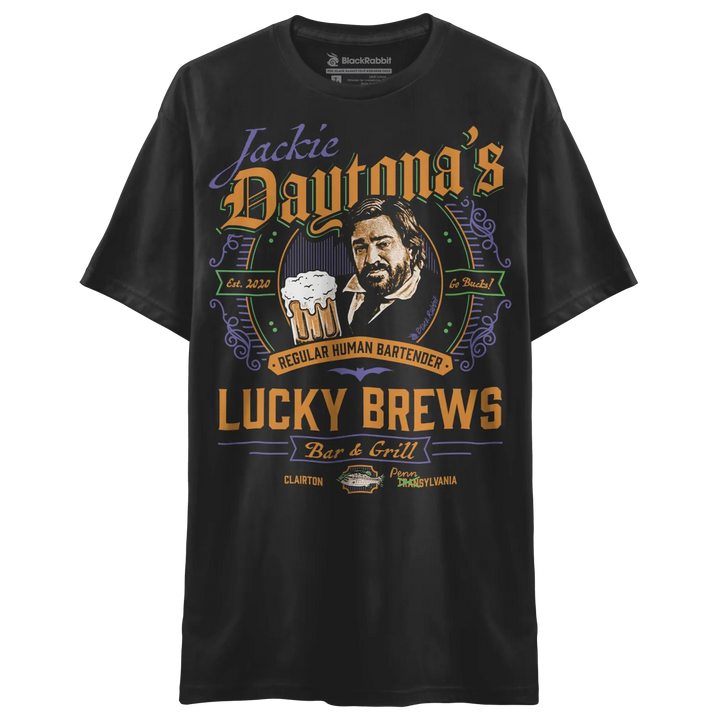 A black short-sleeved graphic t-shirt with a detailed bar and grill design featuring a bearded man holding a beer.