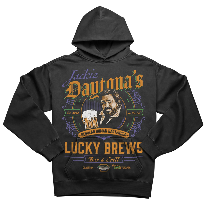 Black hooded sweatshirt with a colorful graphic design of ’Jackie Daytona’s Lucky Brews’ featuring a bearded man holding a beer.