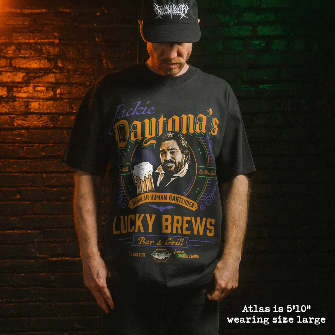 Model wearing heavy tee with jackie daytona graphic 
