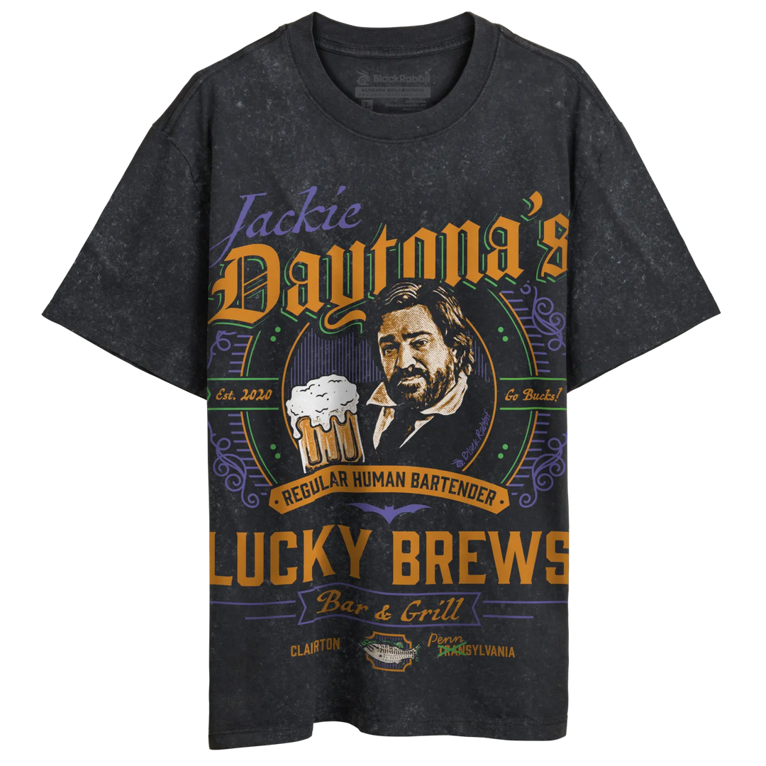 Dark grey t-shirt with a vintage-style graphic featuring a bearded man holding a beer mug.