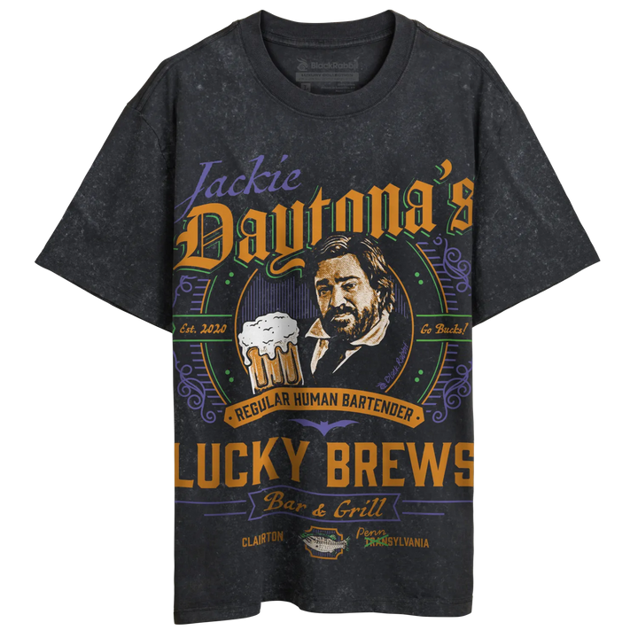 Dark grey t-shirt with a vintage-style graphic featuring a bearded man holding a beer mug.