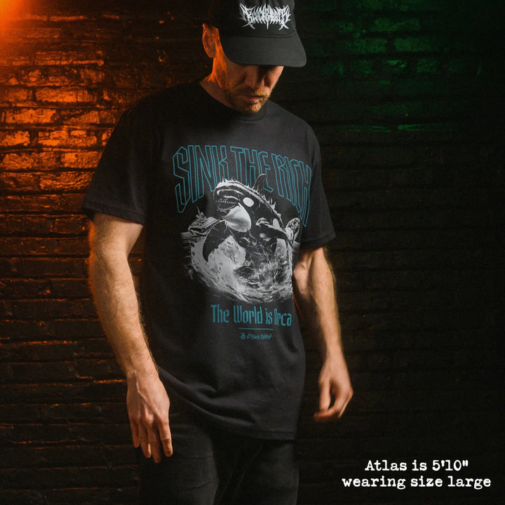 Male model wear soft premium tee with orca graphic
