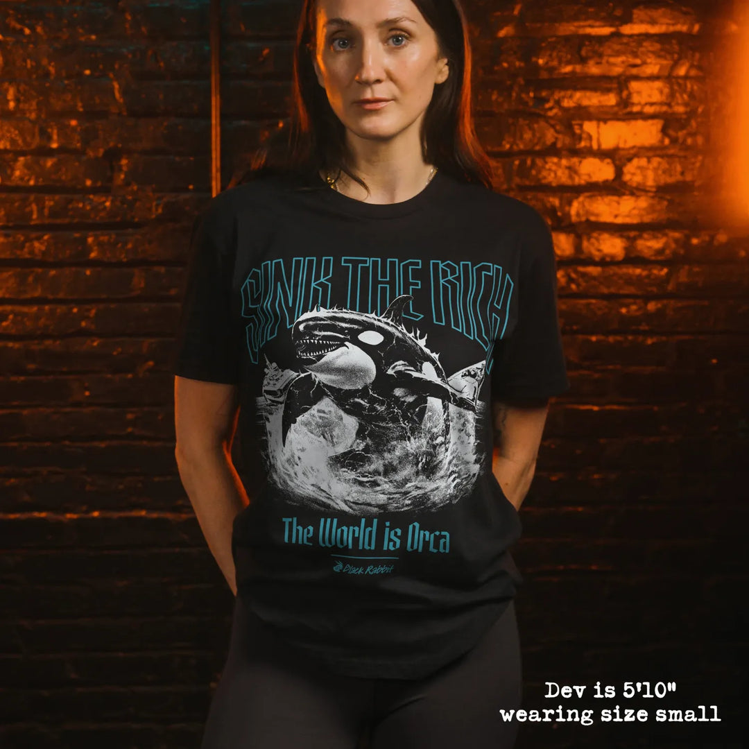 model wear soft premium tee with orca graphic

