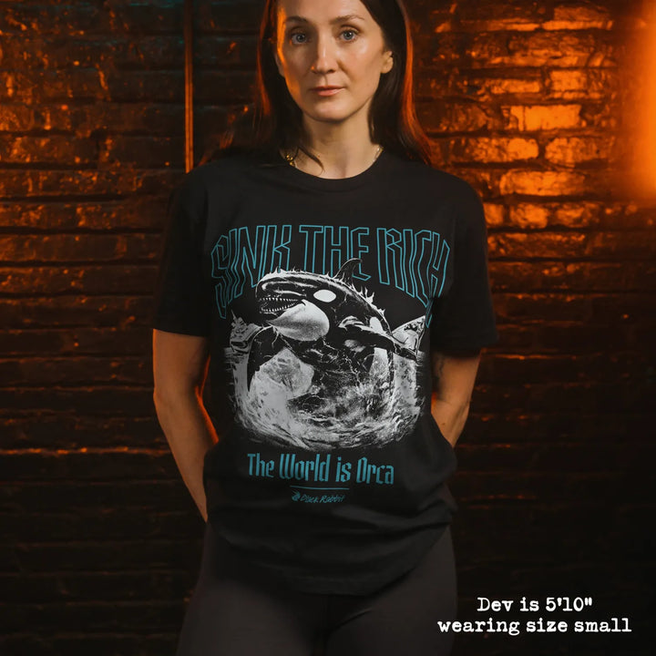 model wear soft premium tee with orca graphic
