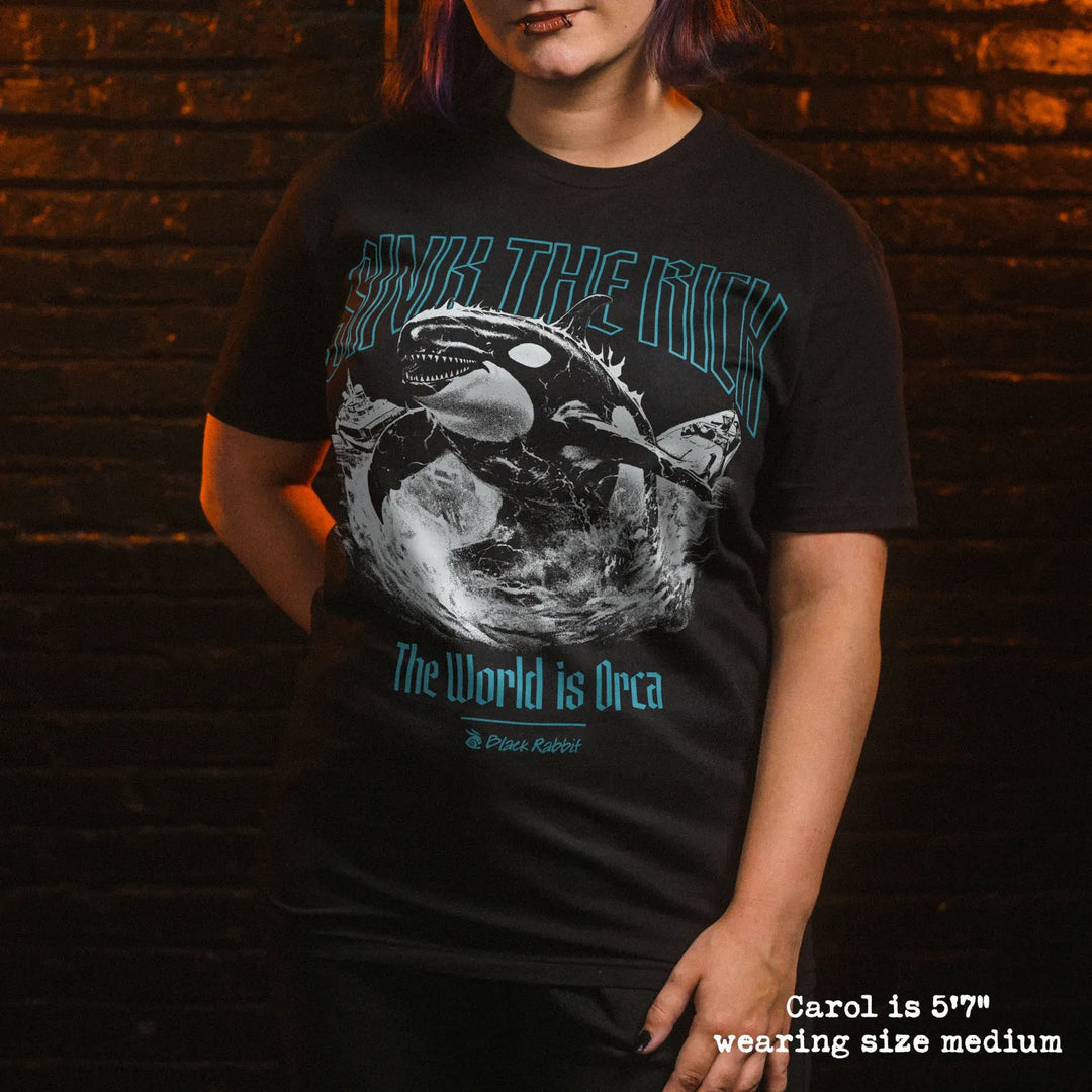model wear soft premium tee with orca graphic
