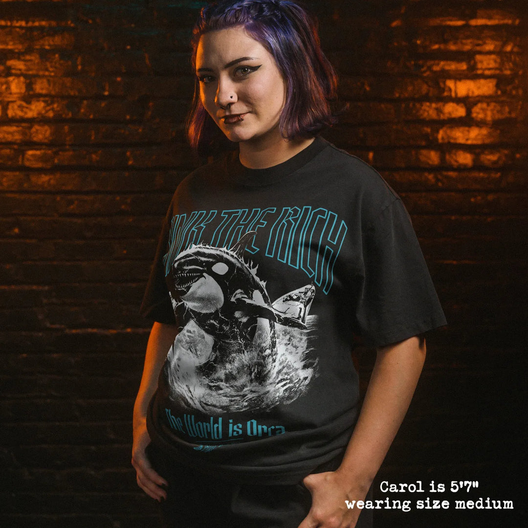 Model wearing heavy tee with orca graphic 
