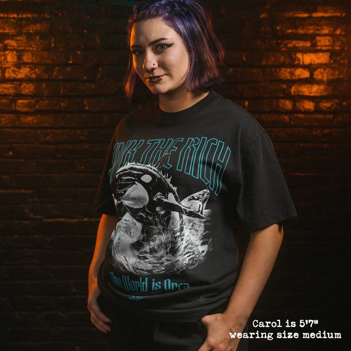 Model wearing heavy tee with orca graphic 