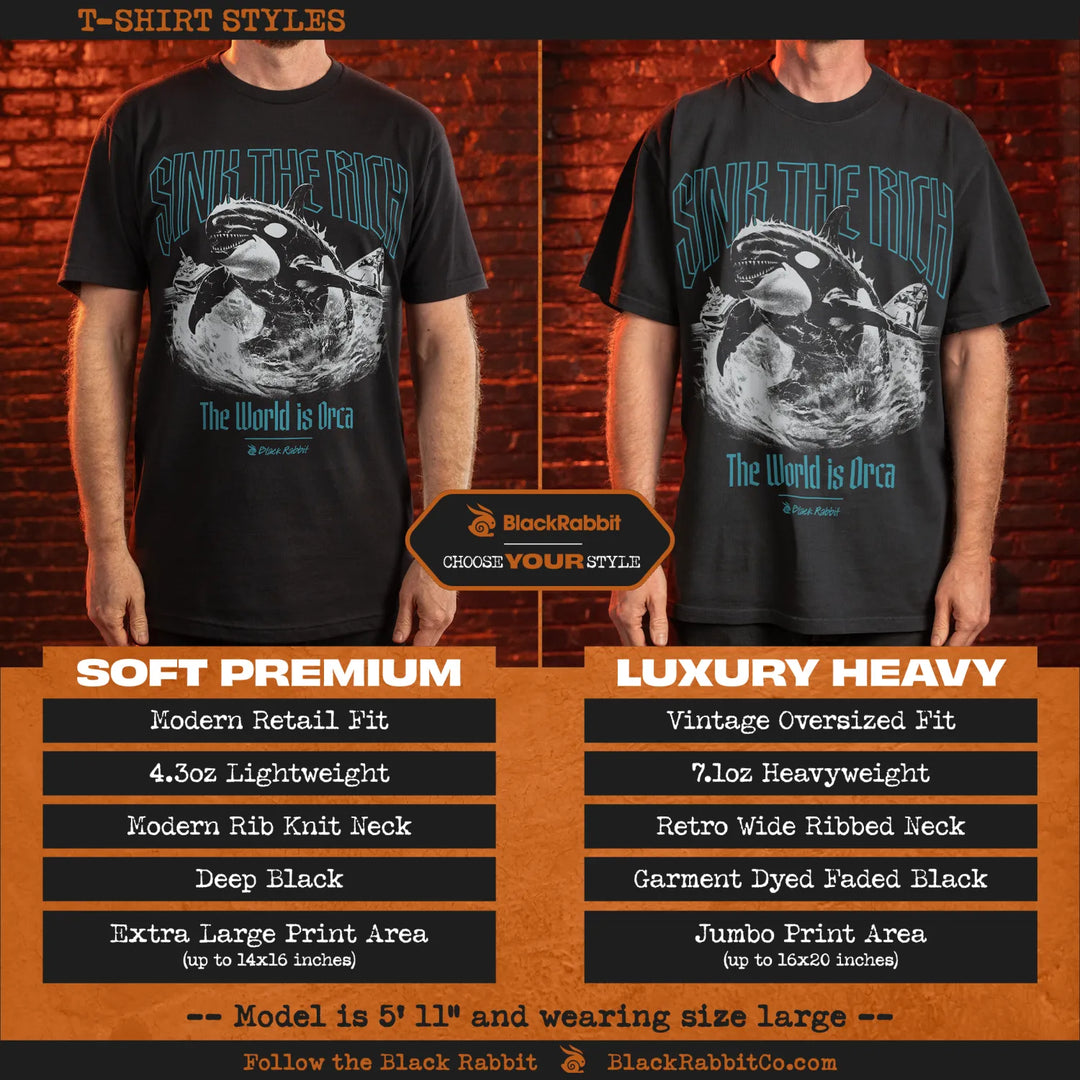 Two men modeling different styles of a black t-shirt with an orca design.