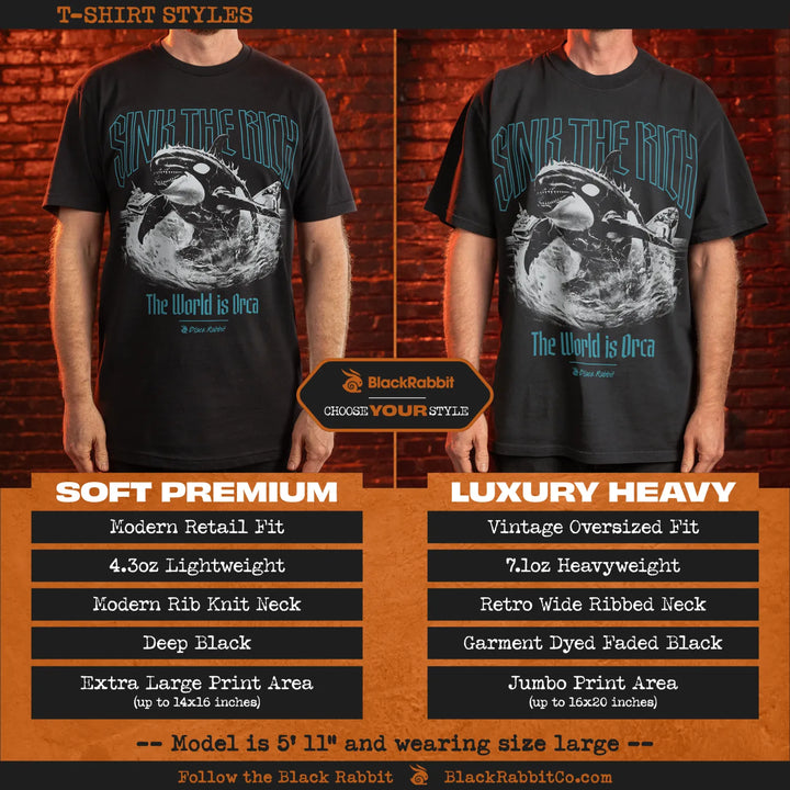 Two men modeling different styles of a black t-shirt with an orca design.